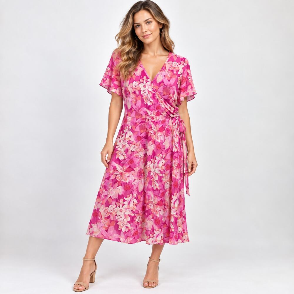 Susan Graver Liquid Knit Dress Women's Size XL Pink Floral Cottage Office Party